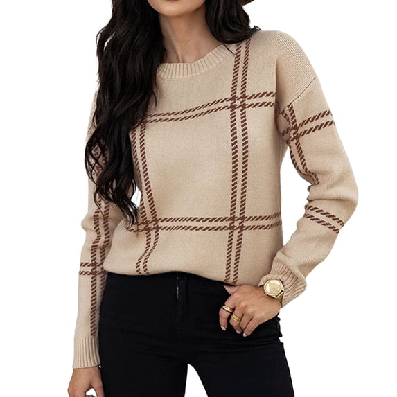 Sorvello Women's Plaid Knit Sweater, Oversized Crewneck Pullover Long Sleeve, Ribbed Cuffs & Hem Casual Fall Style Beige L