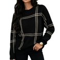 thumbnail image 1 of Sorvello Women's Plaid Knit Sweater, Oversized Crewneck Pullover Long Sleeve, Ribbed Cuffs & Hem Casual Fall Style Black S, 1 of 8