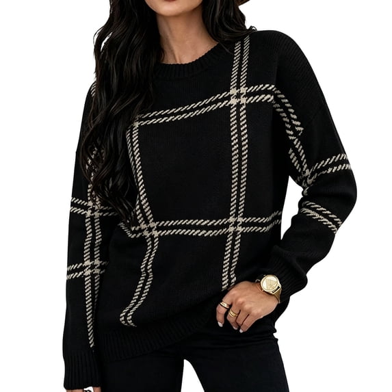 Sorvello Women's Plaid Knit Sweater, Oversized Crewneck Pullover Long Sleeve, Ribbed Cuffs & Hem Casual Fall Style Black S