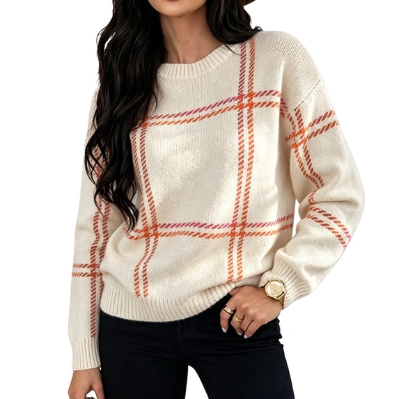 Sorvello Women's Plaid Knit Sweater, Oversized Crewneck Pullover Long Sleeve, Ribbed Cuffs & Hem Casual Fall Style Complexion S