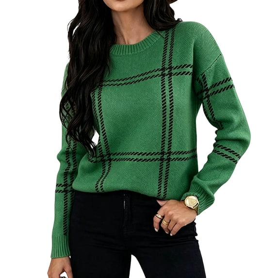 Sorvello Women's Plaid Knit Sweater, Oversized Crewneck Pullover Long Sleeve, Ribbed Cuffs & Hem Casual Fall Style Green S