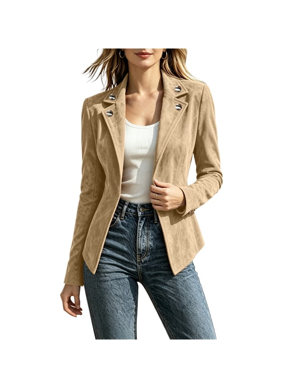 Women’s Short Faux Suede Jacket Tailored Fit Notch Lapel Button Closure Structured Coat Khaki XL