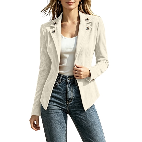 Sorvello Women’s Short Faux Suede Jacket Tailored Fit Notch Lapel Button Closure Structured Coat White M