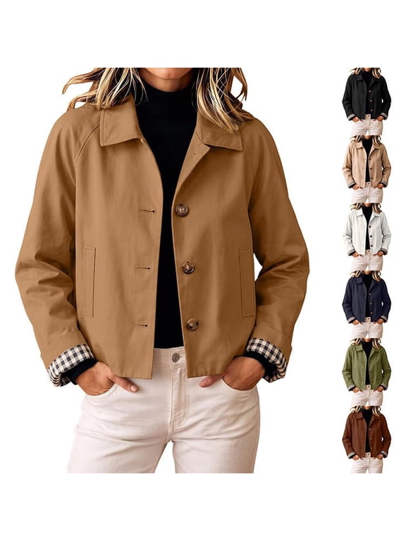 Women's Short Trench Jacket Button Front Plaid Lining Top Lightweight Casual Outerwear with Pockets Spring Fall Work Daily Travel Coat for Women Black S