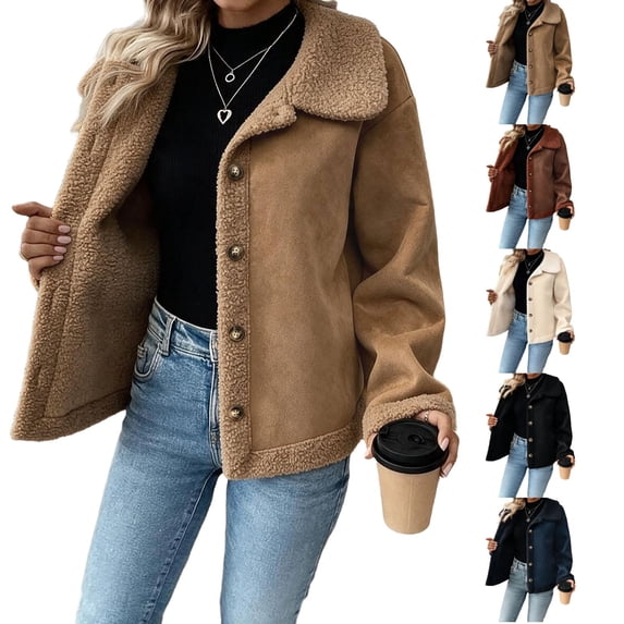 Sorvello Women's Single Breasted Sherpa Jacket Notch Lapel Fleece Lined Coat Button Front Winter Warm American Style Vintage Outerwear Top for Women White XL