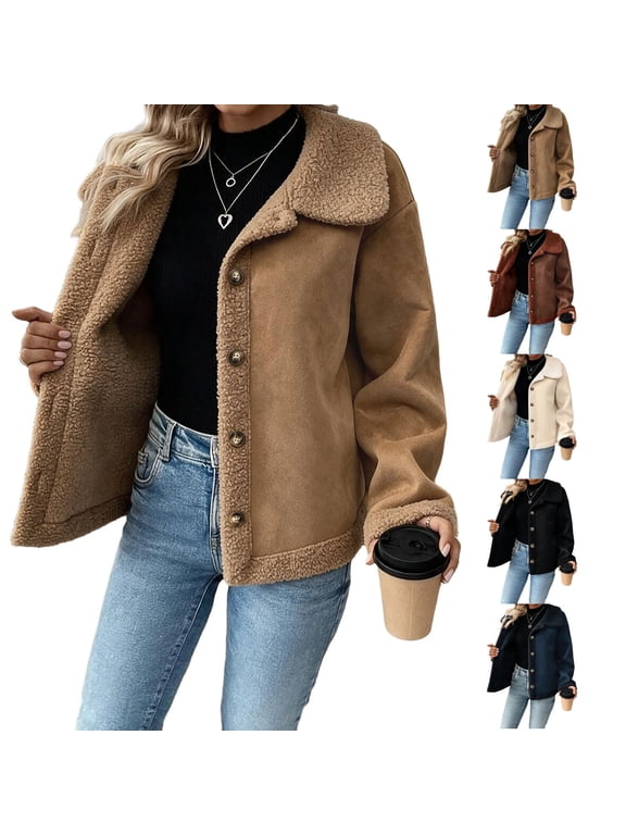 Women's Single Breasted Sherpa Jacket Notch Lapel Fleece Lined Coat Button Front Winter Warm American Style Vintage Outerwear Top for Women White L