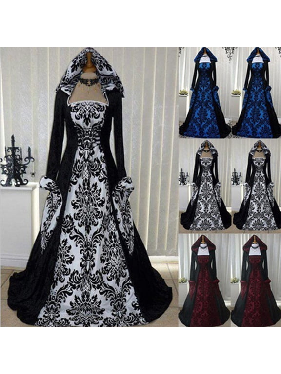 Women's Victorian Gothic Vampire Witch Maxi Dress Ball Gown Lace Up Square Neck Trumpet Sleeve Hooded Halloween Cosplay Costume for Women Blue L