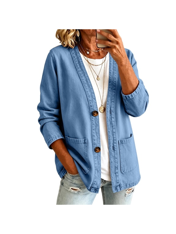 Women's Vintage Open Front Denim Jacket, Long Sleeve Casual Jean Outerwear With V Neck For Daily Wear Blue 2XL