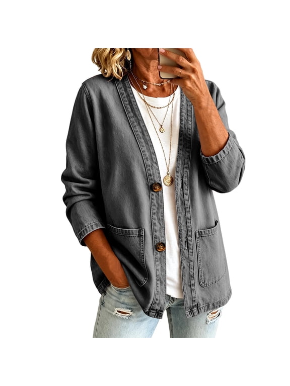 Women's Vintage Open Front Denim Jacket, Long Sleeve Casual Jean Outerwear With V Neck For Daily Wear Gray L