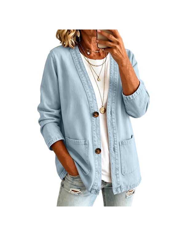 Women's Vintage Open Front Denim Jacket, Long Sleeve Casual Jean Outerwear With V Neck For Daily Wear Light Blue L
