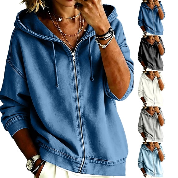 Sorvello Women's Zip Up Hooded Denim Jacket Long Sleeve Drawstring Hood Washed Loose Fit Jean Shacket Fall Winter Casual Daily Streetwear Coat for Women Black L