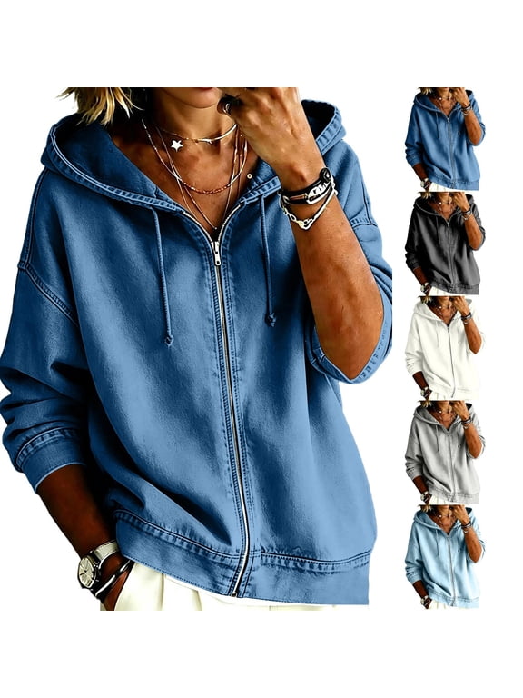 Women's Zip Up Hooded Denim Jacket Long Sleeve Drawstring Hood Washed Loose Fit Jean Shacket Fall Winter Casual Daily Streetwear Coat for Women Blue XL