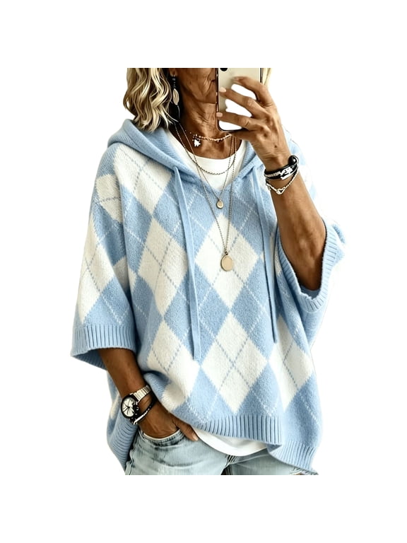 Womens Argyle Knit Hoodie Drawstring Hood Drop Shoulder Elbow Length Wide Sleeve Ribbed Trim Loose‑Fit Pullover Sweater for Fall Winter Daily Wear Sky Blue S