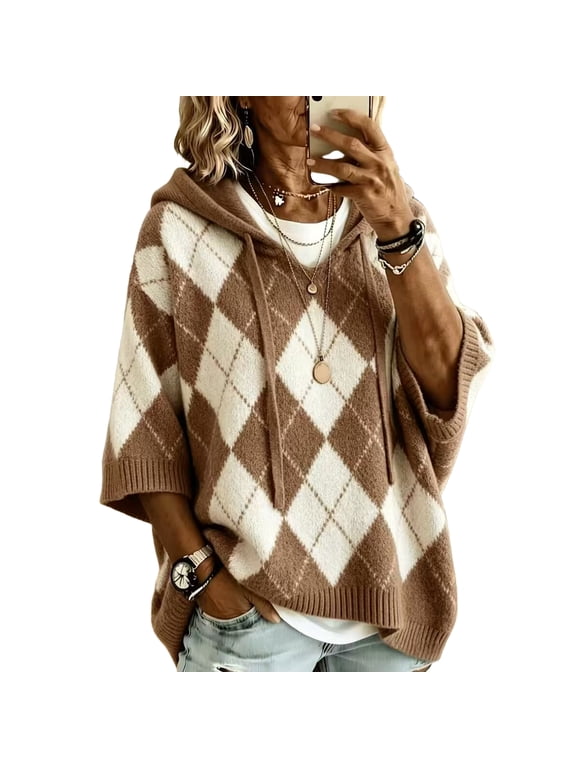 Womens Argyle Knit Hoodie Drawstring Hood Drop Shoulder Elbow Length Wide Sleeve Ribbed Trim Loose‑Fit Pullover Sweater for Fall Winter Daily Wear Coffee M