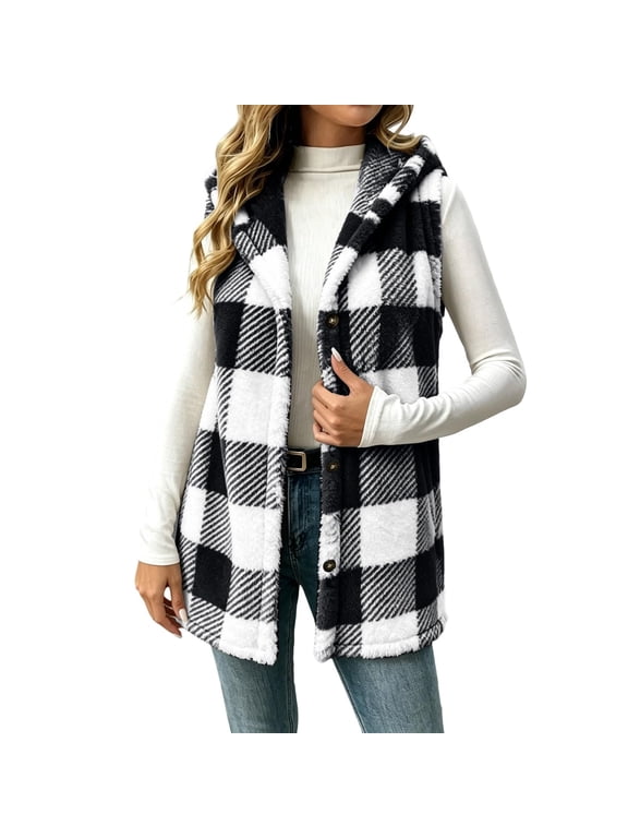 Womens Buffalo Check Hooded Fleece Vest Sleeveless Button Down Long Vest Jacket With Side Pockets Black S