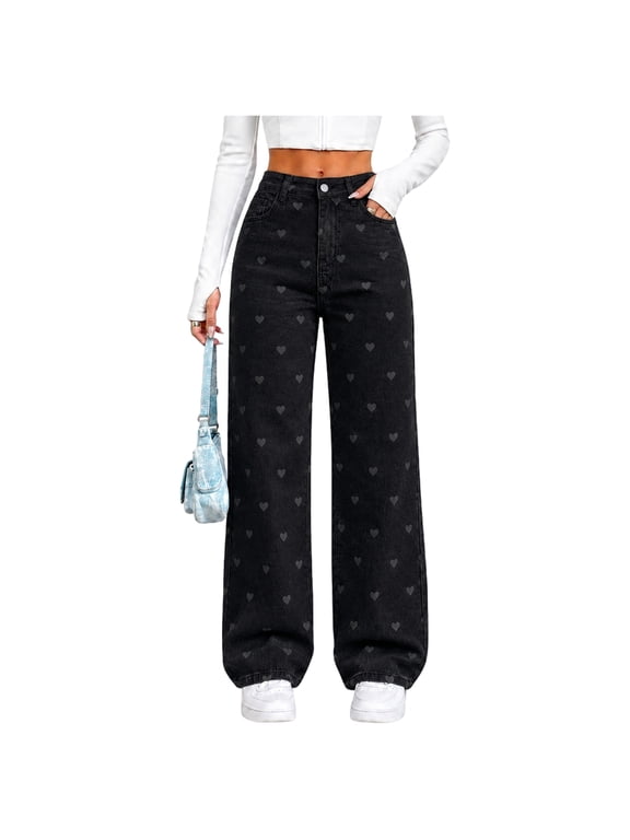 Womens High Waisted Wide Leg Jeans All Over Heart Pattern Stretch Denim Five Pocket Trousers Black M