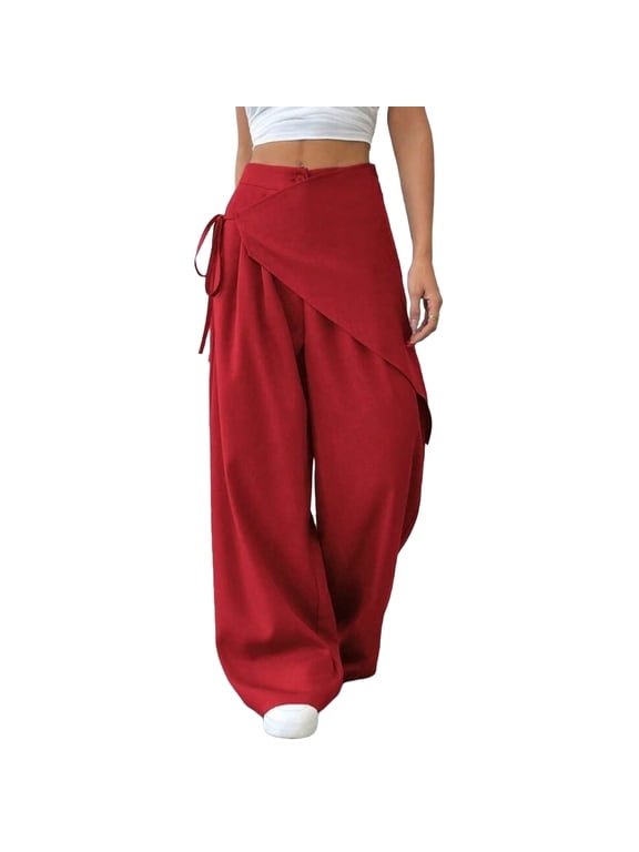 Womens High Waisted Wrap Pants Wide Leg Tie Up Bow Asymmetrical Wrap Around Skirt Pants Business Casual Trousers Red M