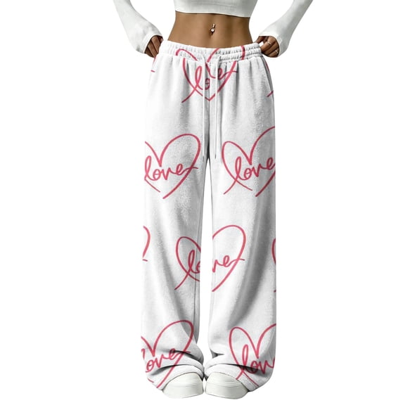 Sorvello Womens Home Casual Pajama Pants Lips Heart Print Plush Wide Leg Sleep Pants Elastic Drawstring Beige L
