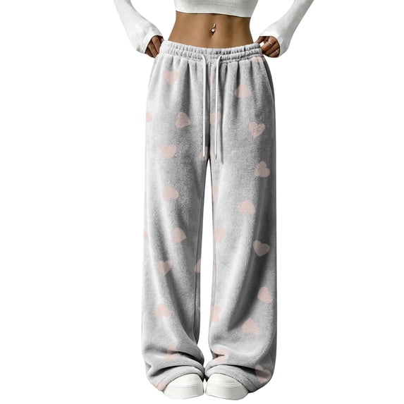 Sorvello Womens Home Casual Pajama Pants Lips Heart Print Plush Wide Leg Sleep Pants Elastic Drawstring Gray 3XL