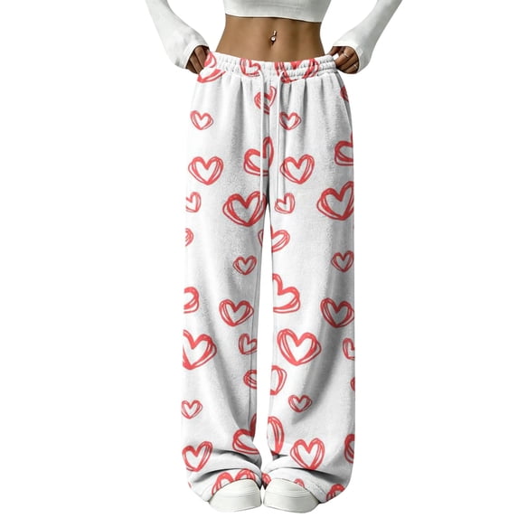 Sorvello Womens Home Casual Pajama Pants Lips Heart Print Plush Wide Leg Sleep Pants Elastic Drawstring White 2XL