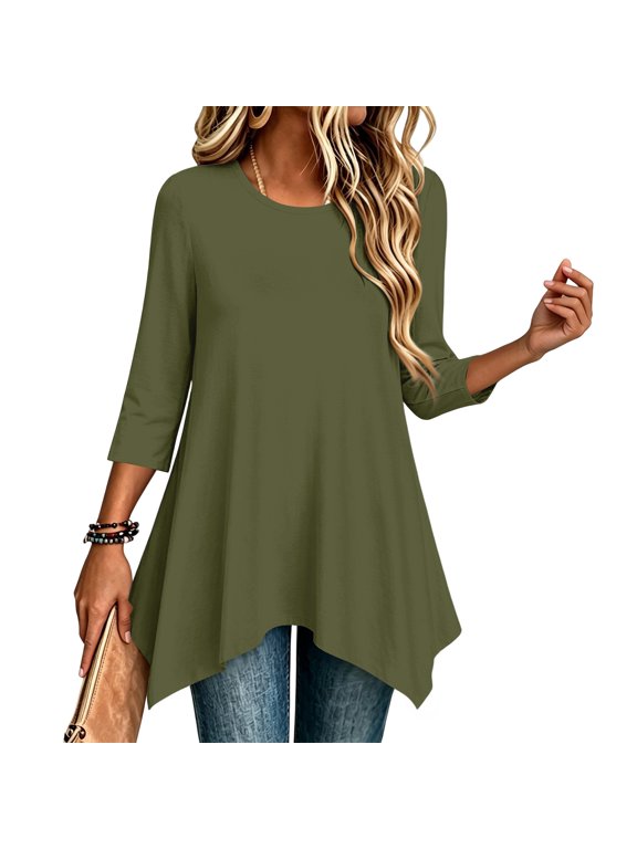 Womens Loose‑Fit Solid Tunic Blouse Round Neck 3/4 Sleeve Irregular Hem Pullover Top For Daily Casual Wear Army Green 3XL