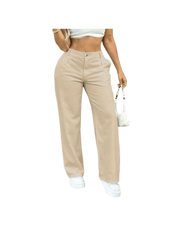 Womens Loose Straight Leg Suit Trousers Solid Plain Full Length Pants Waist with Elastic Inserts Casual Workwear Trousers Khaki M