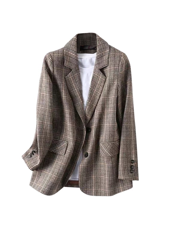 Womens Plaid Blazer Jacket British Style Loose Fit Casual Suit Jacket Long Sleeve Notch Lapel Button Front Outerwear Multicolor L