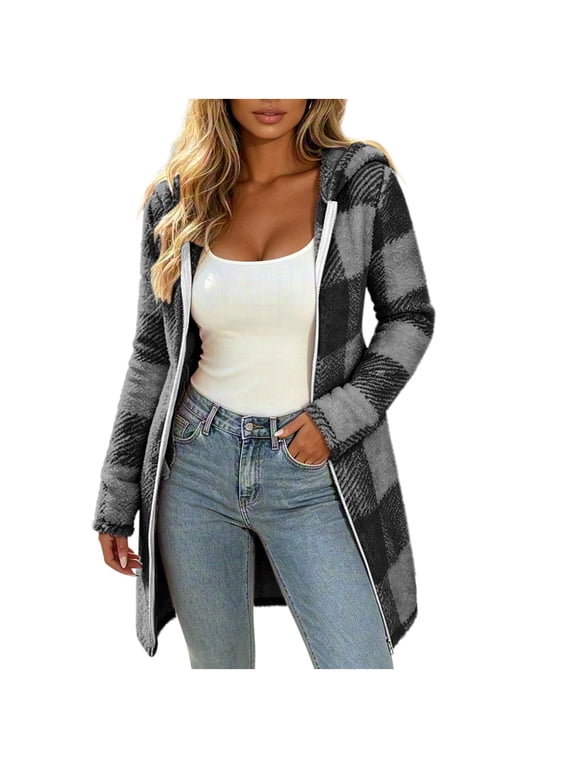 Womens Plaid Double Sided Fleece Zip Up Cardigan Hooded Waist Defined Warm Outerwear Longline Jacket Coat Gray XL