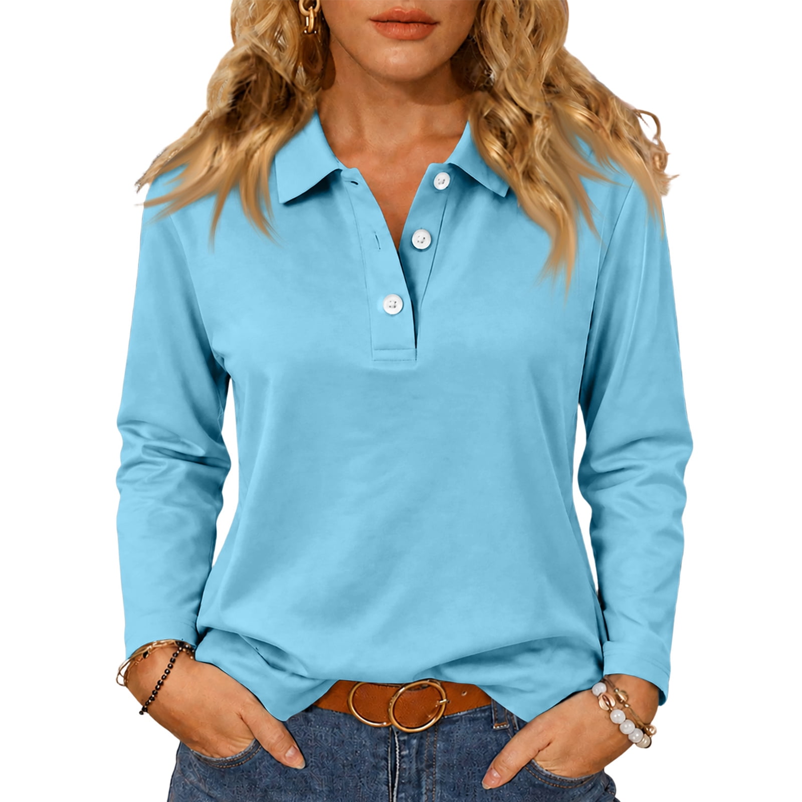 Sorvello Womens Relaxed Fit Long Sleeve Polo Style Blouse Solid Color ...