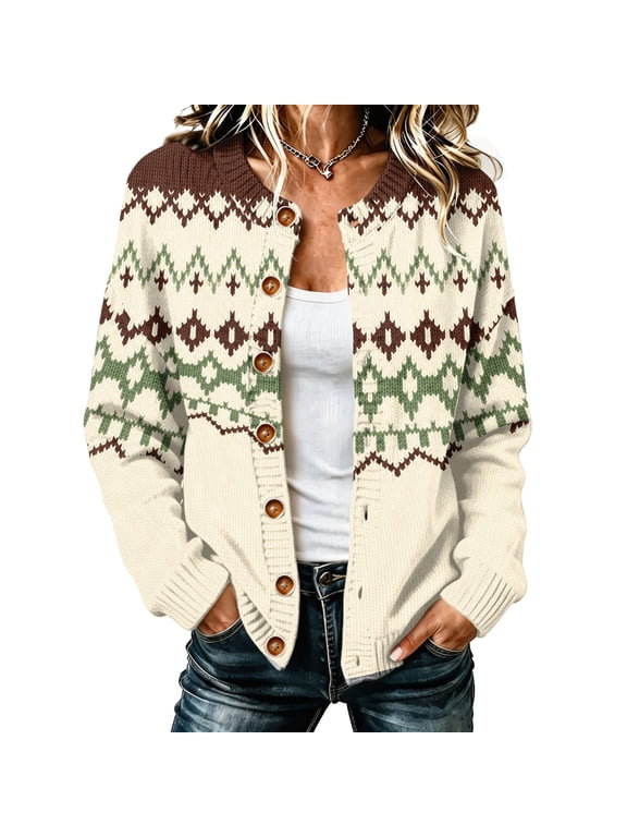 Womens Retro Pattern Knit Cardigan Relaxed Fit Button Down Crew Neck Ribbed Cuff Hem Sweater Beige 5XL