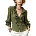 Sorvello Womens Ruffle Front Woven Blouse V Neck Button Down Puff ...
