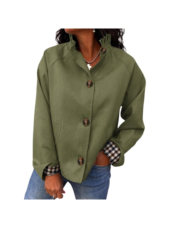 Womens Ruffle Short Trench Coat Single Breasted Cropped Jackets,Stand Collar Button Down Fall Jackets Army Green L