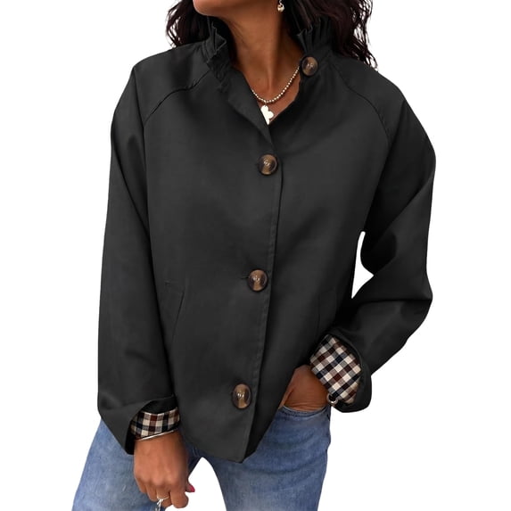 Sorvello Womens Ruffle Short Trench Coat Single Breasted Cropped Jackets,Stand Collar Button Down Fall Jackets Black XL