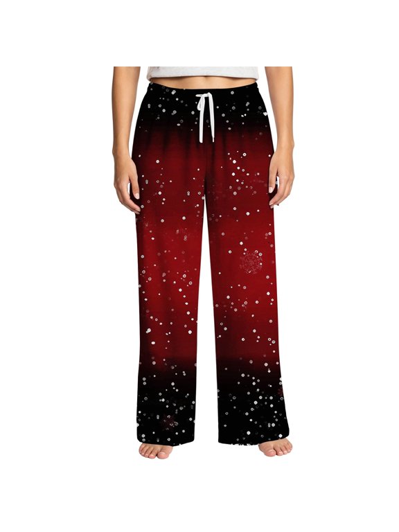 Womens Snowflake Printed Sleep Pants Drawstring Elastic Waist Full Length Straight Leg Holiday Lounge Trousers Red L