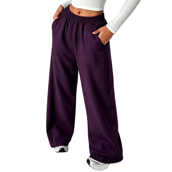 Sorvello Womens Solid High Rise Wide Leg Lounge Pants Elastic Pull On Waist Side Pockets Full Length Casual Sweatpants Dark Purple M
