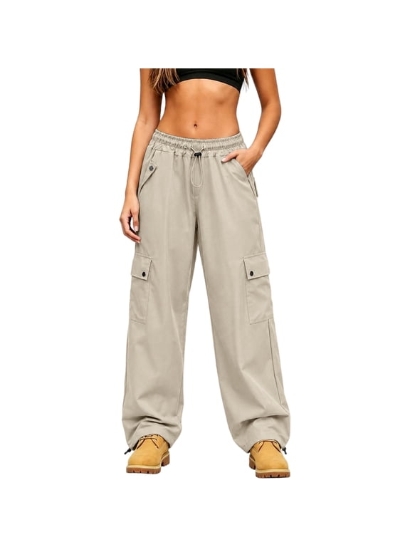 Womens Straight Leg Cargo Pants Elastic Waist Adjustable Drawstring Hem Utility Pants with Cargo Pockets Khaki L