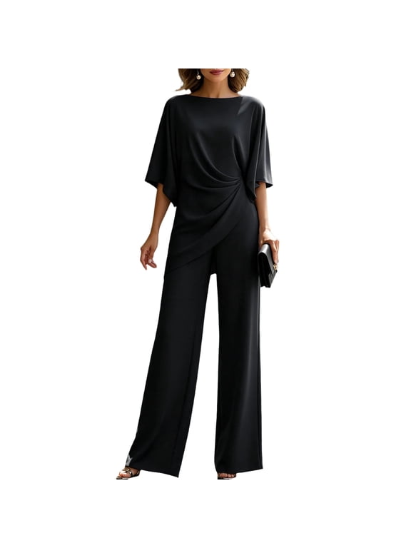 Womens Two Piece Formal Set Round Neck Draped Twist Front Top High Waist Wide Leg Full Length Pants Black XL