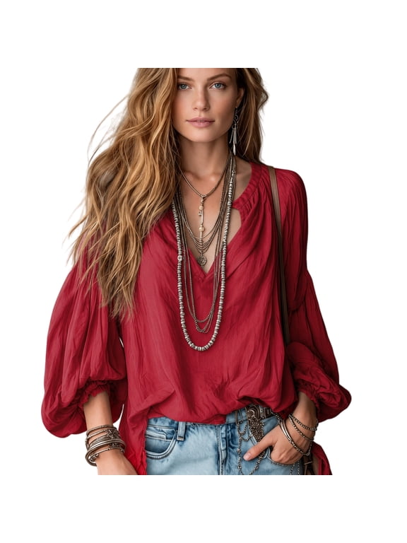 Womens V Neck Bohemian Blouse Loose Fit Long Sleeve Peasant Top Lantern Sleeve Smocked Cuff Pullover Tunic Shirt Red L