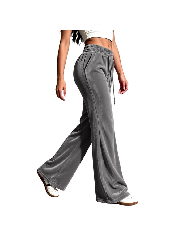 Womens Velvet Wide Leg Lounge Pants Elastic Drawstring Waist Soft Stretch Casual Full Length Trousers Gray M