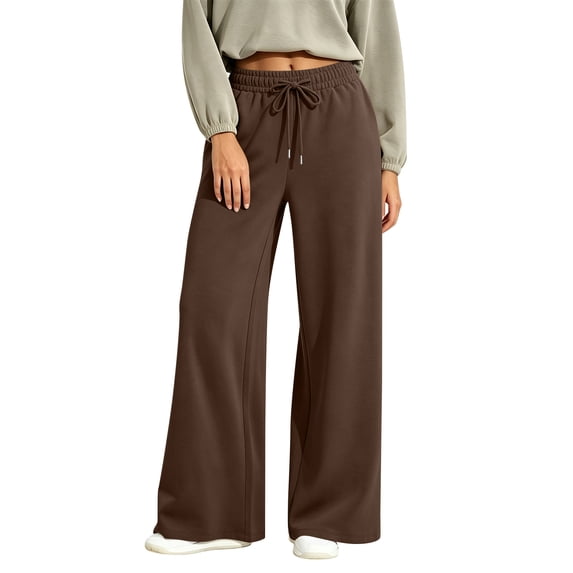 Sorvello Womens Wide Leg Baggy Sweatpants Fleece Lined Lounge Sweat Pants,Drawstring Sweatpants with Pockets, Fall Winter Brown L