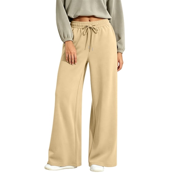 Sorvello Womens Wide Leg Baggy Sweatpants Fleece Lined Lounge Sweat Pants,Drawstring Sweatpants with Pockets, Fall Winter Khaki S