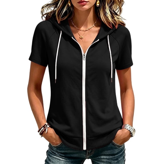 Sorvello Zip Up Hoodie Womens Lightweight Short Sleeve Sweatshirts Casual Full Zip Slim Fit Soft Track Jackets Black L