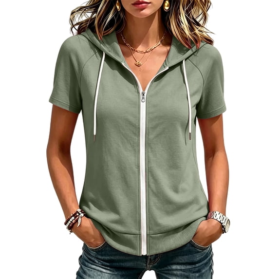 Sorvello Zip Up Hoodie Womens Lightweight Short Sleeve Sweatshirts Casual Full Zip Slim Fit Soft Track Jackets Green 2XL