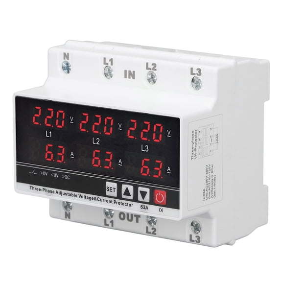 Sorven 3 Phase Undervoltage Protector Voltmeter, Overvoltage Protector Digital Display 3 Phase Quick Response Multifunctional AC120V-300V 63A Adjustable DIN Rail for Building