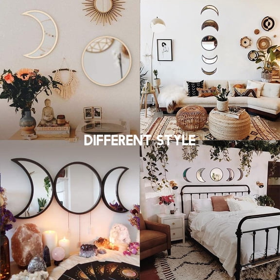 Sorven Bohemian Wall Decoration WOODEN MOON PHASE MIRRORS AESTHETIC BOHEMIAN DECOR SPIRITUAL HOME DECORATION CRESCENT MOON WALL ART