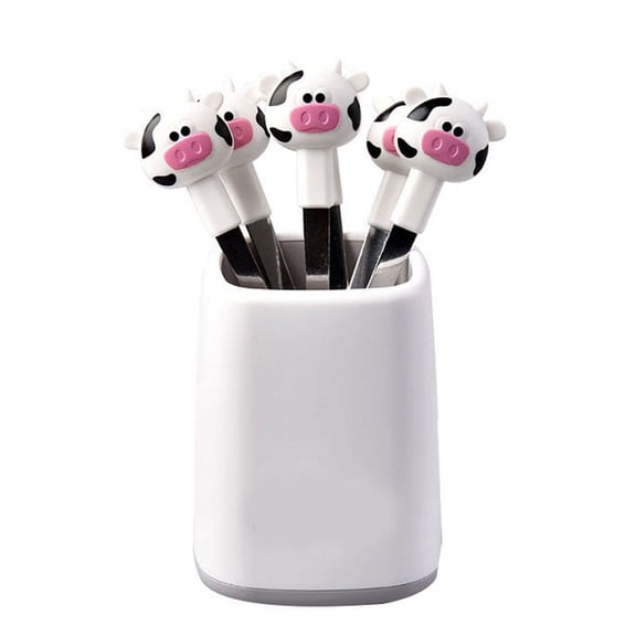 Sorven Cartoon Animal Dessert Forks Cute Cartoon Fruit Forks, Fruit Fork Set 6PCS with Base for Bento Lunch Box White