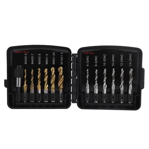 Sorven Combined Tap Drill Combined Tap Drill, Spiral 1/4in Hex Shank Ti Plated 13Pcs HSS Tapping Bits Set High Hardness with Fast Change Adapter for Metal for Cutting