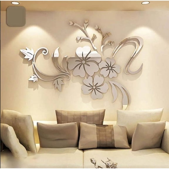 Sorven Mirror Mural Stickers 3D Wall Sticker, Hibiscus Wall Sticker Silver for Living Room