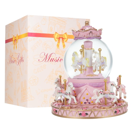 Sorven Spinning Carousel Music Box Rotating Carousel Music Box Crystal Ball Light-up Snow Globe Wind-up Musical Box Colorful Lights Cute Little Horses Girls Festival Birthday Gift