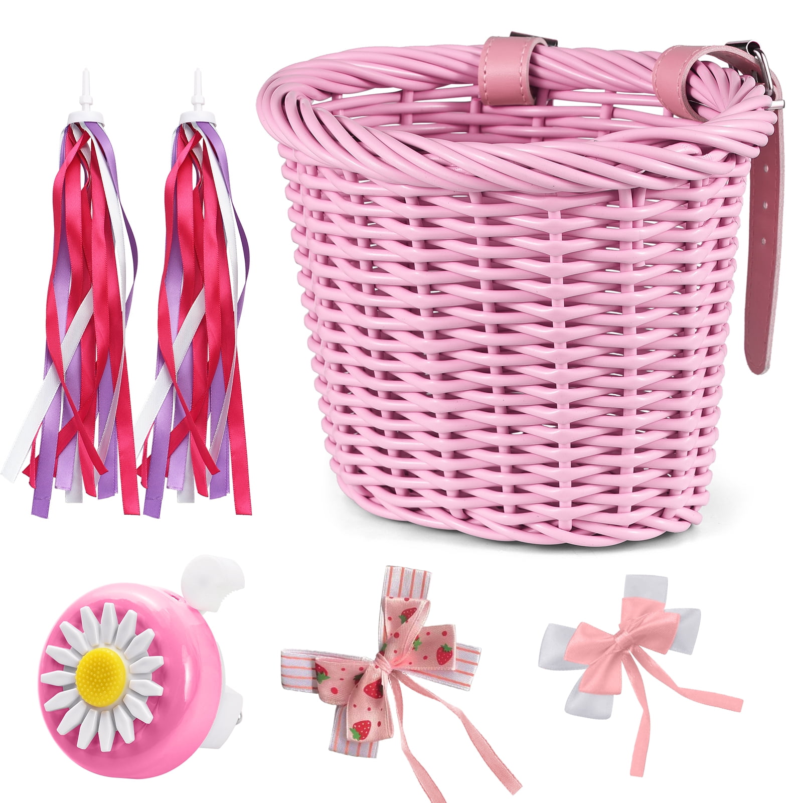 Sorven kids bike basket Bike Kid's Bike Basket for Girls Front Bike Accessories with Handlebar Streamers Cycle Ages 3-13 DIY Bike Decoration Accessories Kit Scooter Basket